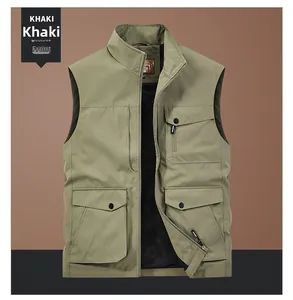 Detailed front view of khaki outdoor utility vest with five pockets and mesh lining