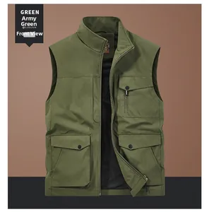 Detail view of army green outdoor vest showing breathable black mesh lining and zip closure