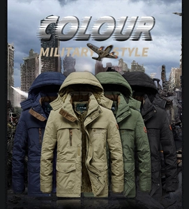 Detail view of military style hooded jackets in four colors with warm fleece lining