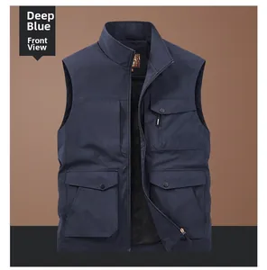 Front detail of dark blue outdoor vest showing multiple functional cargo pockets and zipper