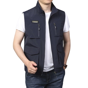 Men's outdoor leisure utility vest in navy blue with multi-pockets and stand collar