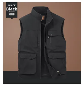 Detailed front view of black outdoor multi-pocket utility vest with breathable mesh lining