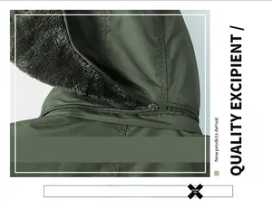Detail showing military green jacket with a detachable plush-lined hood and sturdy zipper