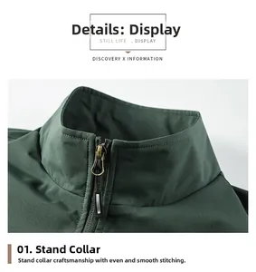 Detail of stand collar design with smooth stitching on green outdoor vest jacket