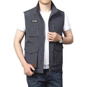 Men's dark grey multi-pocket outdoor vest with Adventurous patch and stand collar