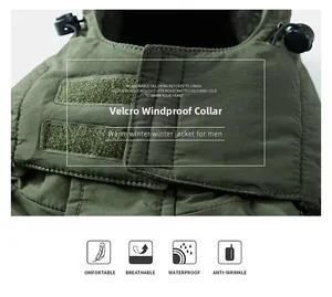 Detail view of military green winter jacket collar with velcro windproof strap and drawcord
