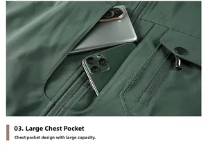 Detail of large utility chest pockets with zippers showing high storage capacity