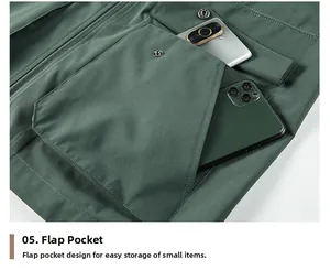 Macro detail of military green outdoor vest flap pockets holding two smartphones