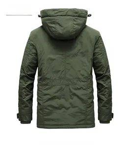 Back view of army green hooded parka with drawstring waist and windproof fabric details