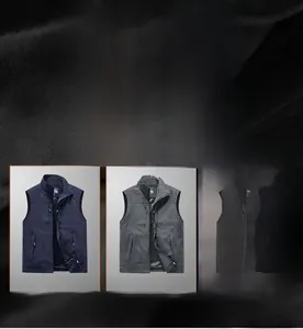 Detail of multi-pocket outdoor vests in khaki, green, blue, gray and black colors