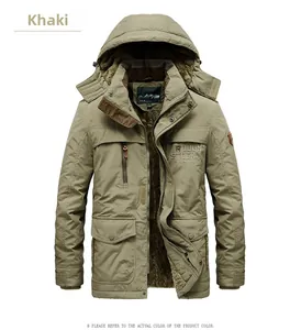 Detail of khaki heavy winter parka showing mountain embroidery and warm fleece lining