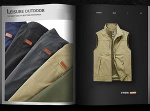 Detail of outdoor multi-pocket utility vest showing various colors and zipper features