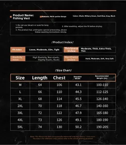 Size chart for outdoor multi-pocket fishing vest showing measurements from M to 5XL