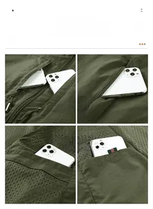 Detailed view of olive utility vest with multi-pocket design and breathable mesh lining
