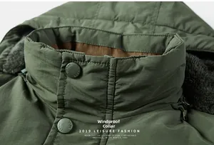 Detail of army green jacket windproof collar with fleece lining and metal snap button
