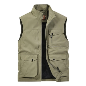 Outdoor olive green multi-pocket utility vest for men with mesh lining and zipper
