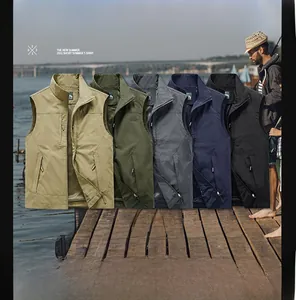 Detailed fan-shaped layout of multi-pocket outdoor vests in five classic earth-tone colors
