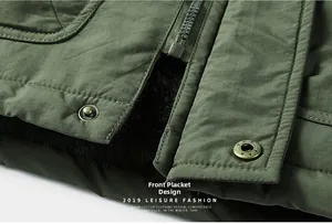 Detail of army green jacket front placket with zipper, snaps and warm fleece lining