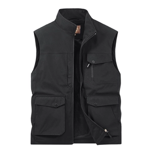 Men's black outdoor utility vest with multi-pockets and breathable mesh lining