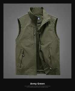 Close-up of green outdoor fishing vest showing functional pockets and breathable mesh lining