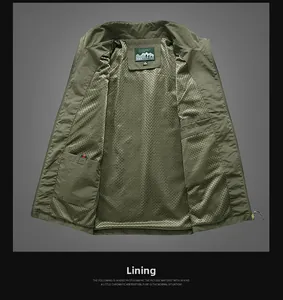Detail of army green outdoor vest showing breathable mesh lining and inner pocket