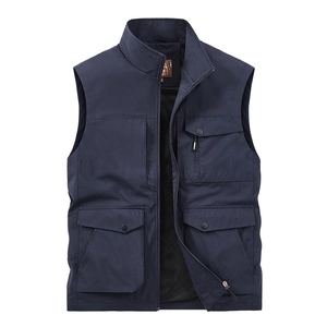 Men's multi-pocket outdoor utility vest in navy blue with mesh lining and zipper