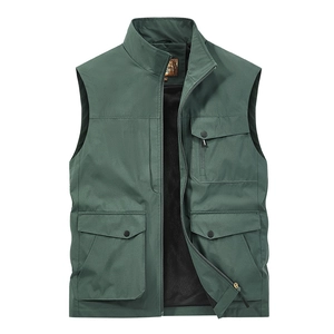 Men's dark green outdoor multi-pocket cargo vest with standing collar and zipper closure