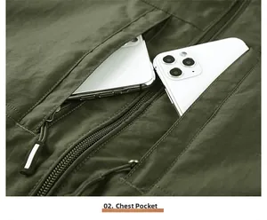 Detail of dual front zipper chest pockets on olive green tactical outdoor vest