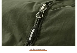 Macro shot of high-quality zipper on army green vest with non-slip pull cord
