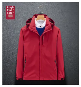 Macro shot of red waterproof outdoor jacket details with adjustable drawstring hood