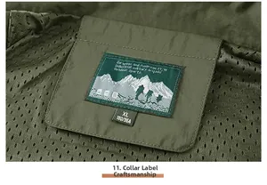 Detail of army green outdoor vest collar with woven size label and breathable mesh lining
