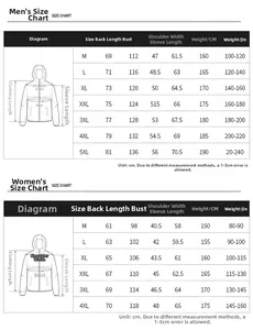 Detailed size chart for waterproof outdoor jackets for men and women with measurements