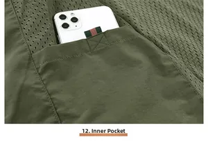 Detail of army green fishing vest featuring a large inner pocket with mesh lining