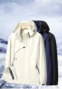 Detail of waterproof outdoor hooded jacket with hidden zipper pockets and windproof fabric