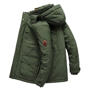 Men's dark green winter parka jacket with thick faux fleece lining and hooded design