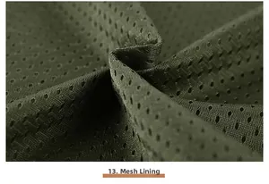 Close-up of breathable dark green mesh lining fabric on outdoor fishing vest
