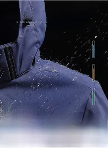 Close-up of water droplets on waterproof outdoor jacket fabric showing 3D cut and texture