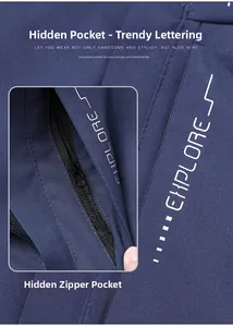Detail of hidden zipper pocket with EXPLORE lettering on a waterproof outdoor jacket