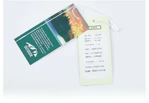 Detail view of clothing hang tags for military green outdoor fishing vest showing nylon material