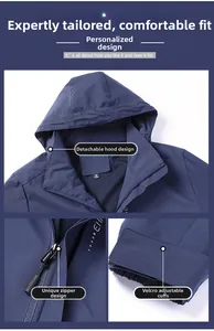 Detail view of navy waterproof jacket with detachable hood and adjustable velcro cuffs