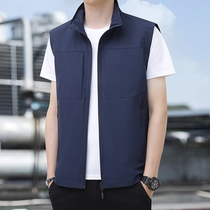 Men's Lightweight Outdoor Utility Vest Stand Collar Multi-Pocket Fishing Hiking Gilet Casual Loose Jacket For Middle-Aged Men