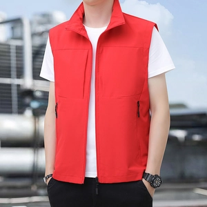 Men's red outdoor multi-pocket vest with stand collar and zipper for hiking