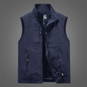 Men's outdoor multi-pocket fishing vest in navy blue with standing collar and zipper