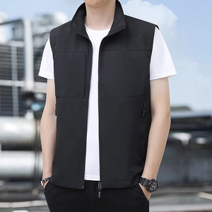 Men's outdoor multi-pocket casual black vest with stand collar and zipper closure
