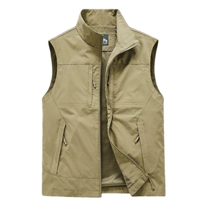 Men's khaki multi-pocket outdoor vest with stand collar and breathable mesh lining