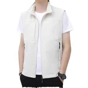 Men's lightweight multi-pocket outdoor vest with standing collar in beige color