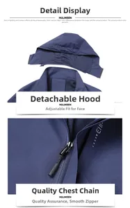 Detail of waterproof outdoor jacket with detachable hood and adjustable drawstring