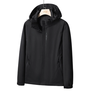 Men's black hooded windbreaker with full-zip front and adjustable drawstrings for hiking