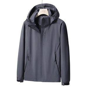 Waterproof dark grey hooded outdoor jacket for men with explore print design