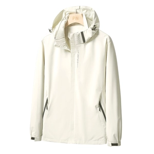 Lightweight cream white hooded windbreaker jacket with EXPLORE print and waterproof zippers